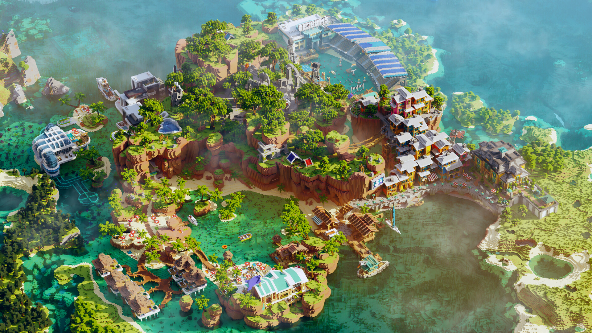 Cinematic aerial view of a custom Minecraft island world built by DammyForge Studio